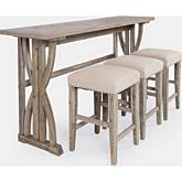 Fairview Counter Sofa Table Set with 3 Stools in Distressed Ash Finish